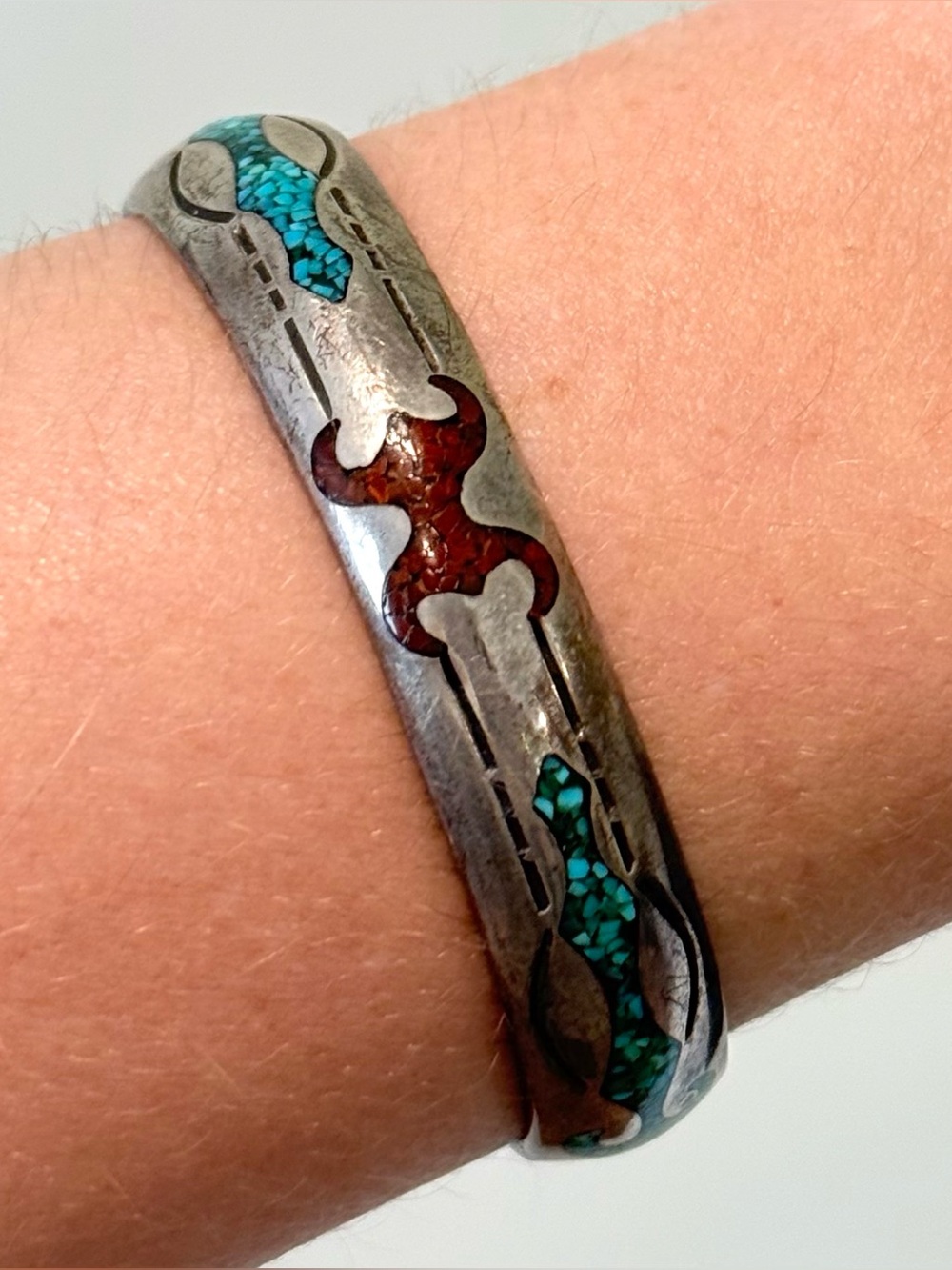 Vintage Navajo AJ Sterling Silver Turquoise Coral Chip Inlay Cuff Bracelet